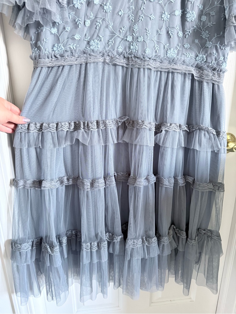 JessaKae Harper Slate Blue floral Embroidered Tiered Tulle Dress, like new 2x - Picture 5 of 14